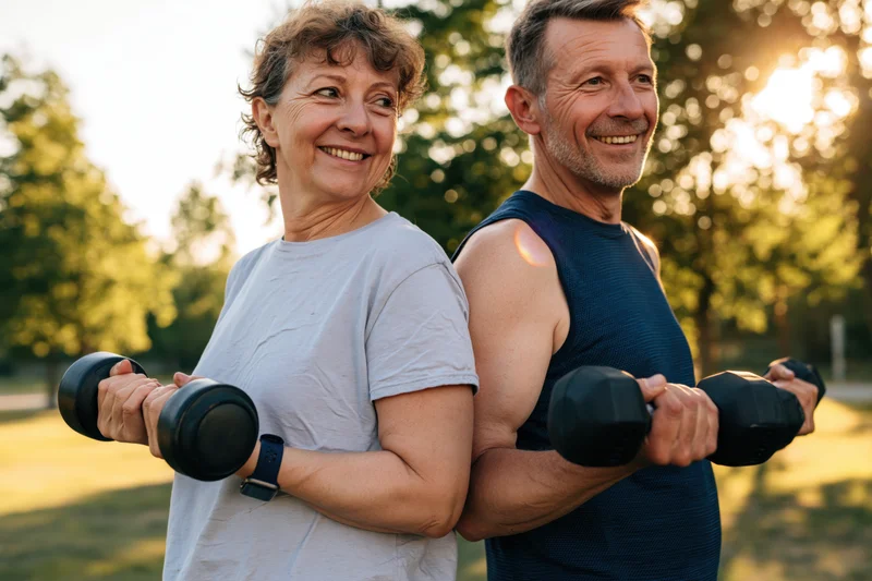 Middle-aged couple exercising back-to-back with dumbbells in a sunlit park