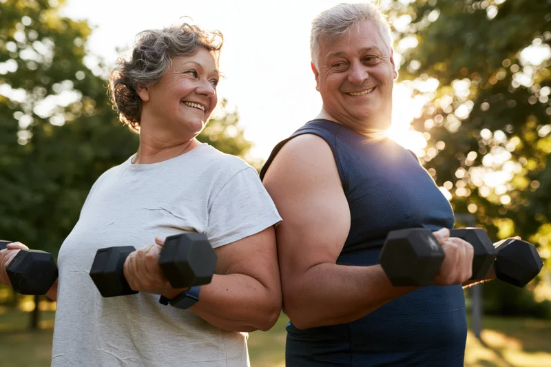 Senior couple exercising with dumbbells back-to-back in a sunlit park