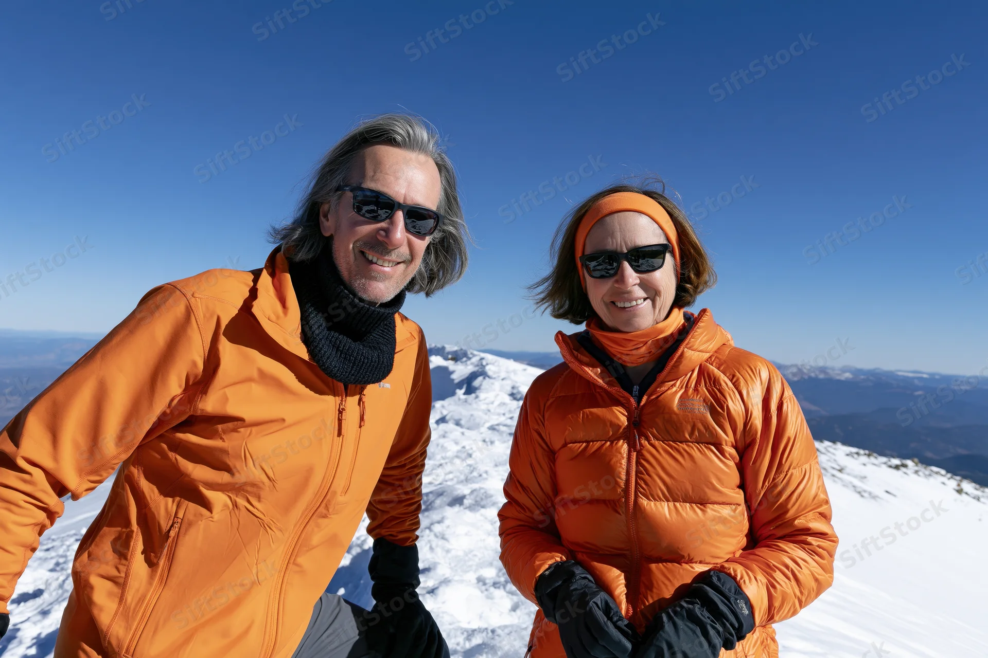Couple hiking on snowy mountain ridge smiling in orange jackets
