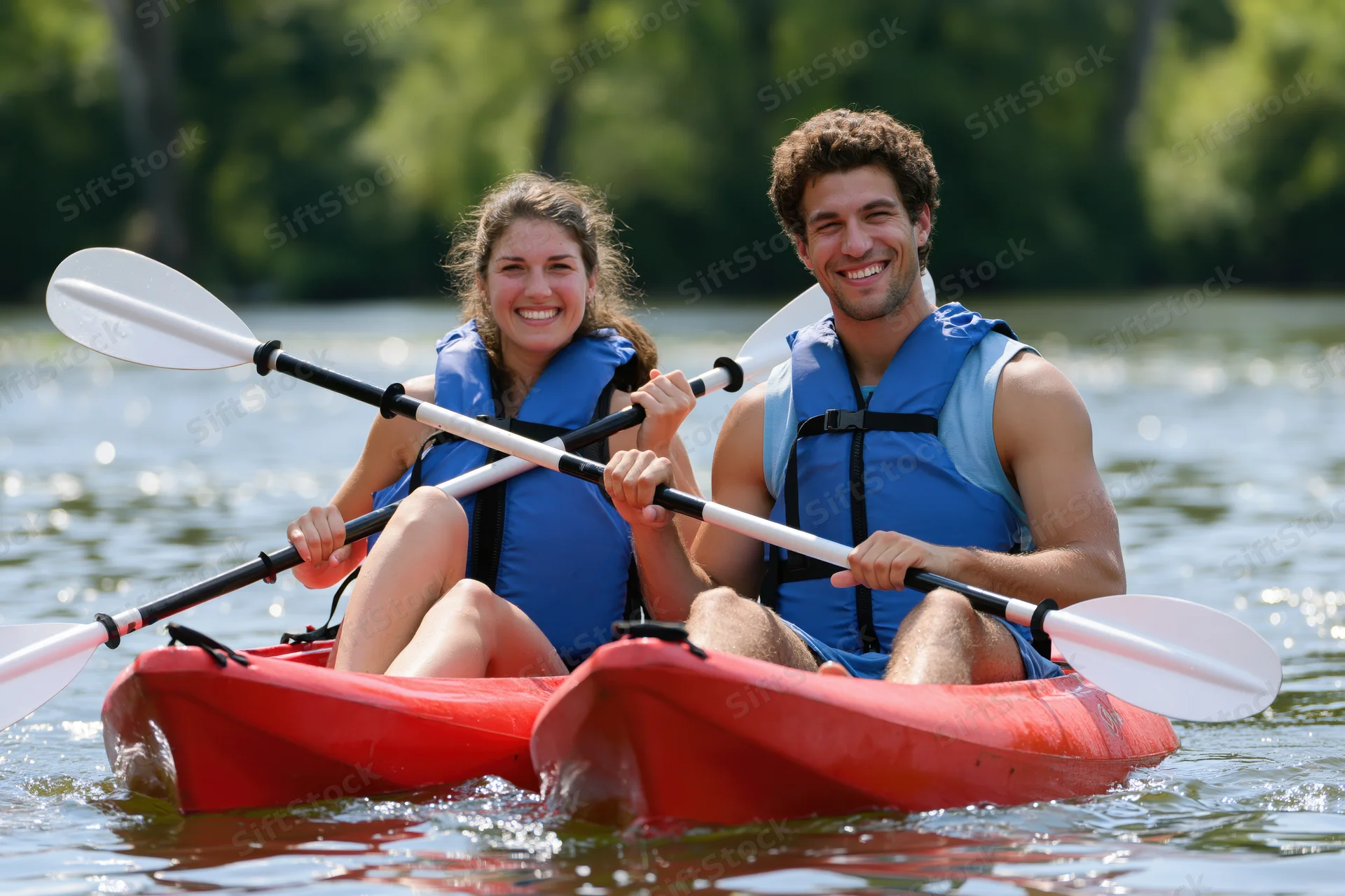Couple smiling while paddling in red kayaks on calm water