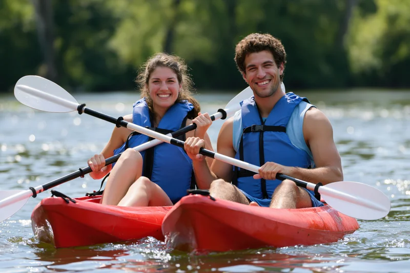 Couple smiling while paddling in red kayaks on calm water