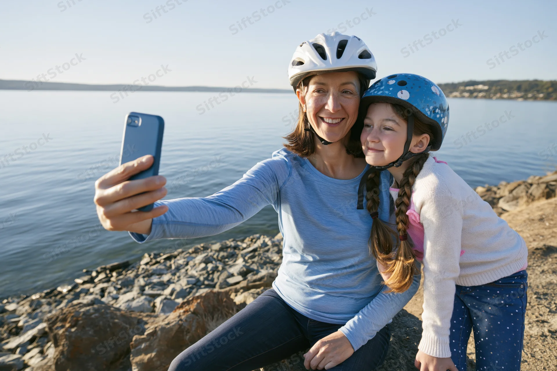 Mother and daughter in cycling helmets taking a selfie by a rocky lakeshore