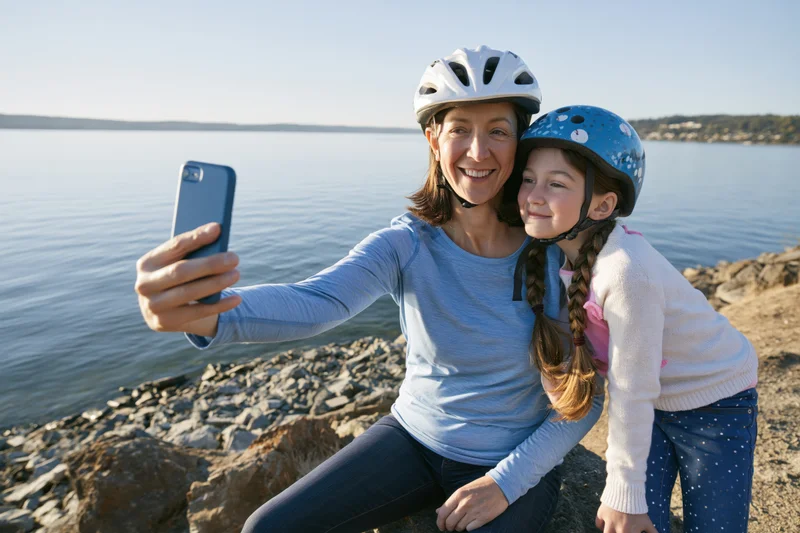 Mother and daughter in cycling helmets taking a selfie by a rocky lakeshore