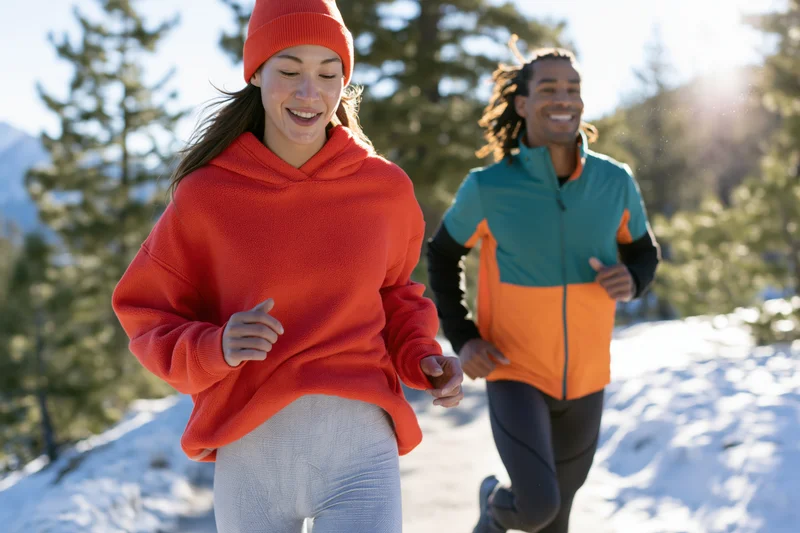 Woman and man jogging on snowy mountain path in winter forest