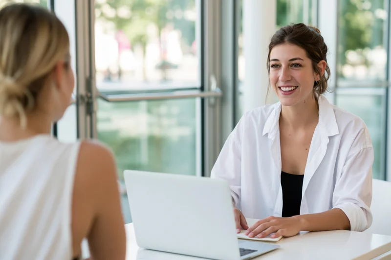 Woman smiling during conversation with colleague at office desk with laptop