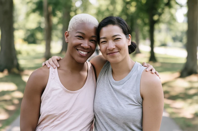 Two women smiling and embracing in a park with arms around each other's shoulders