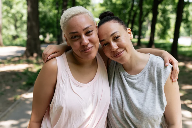 Two women smiling and embracing in a park with arms around each other’s shoulders