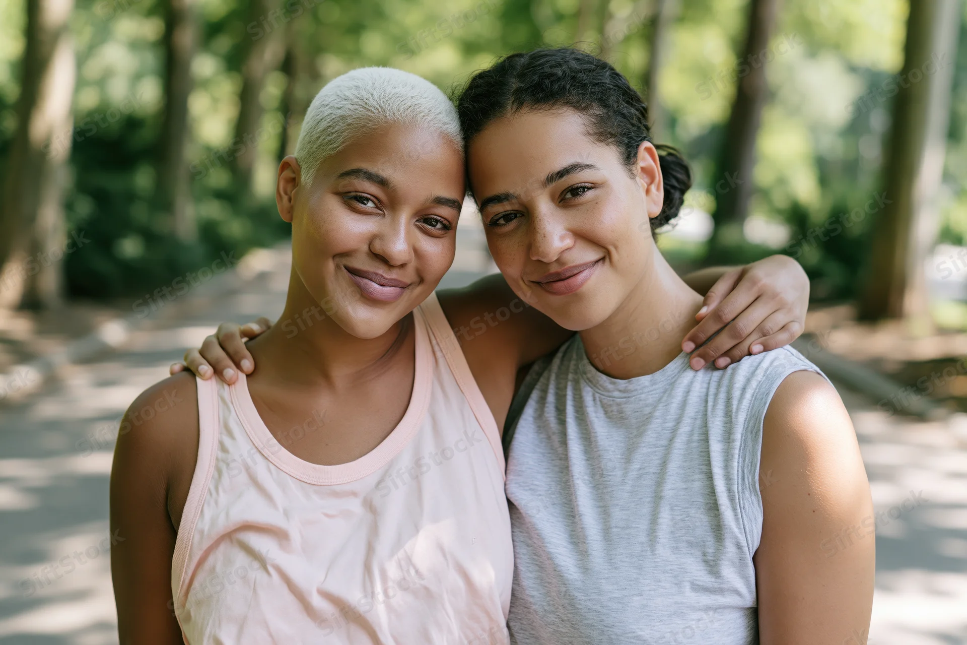 Two women smiling and embracing in a park with arms around each other’s shoulders