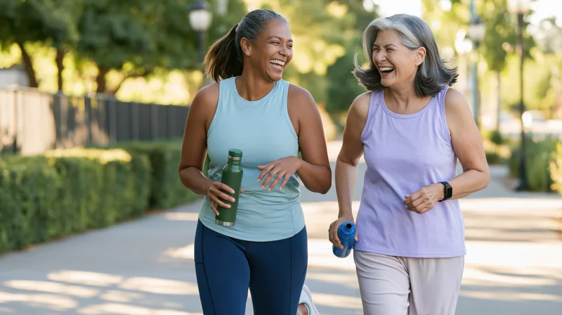 Two women jogging and laughing together on a sunlit outdoor path