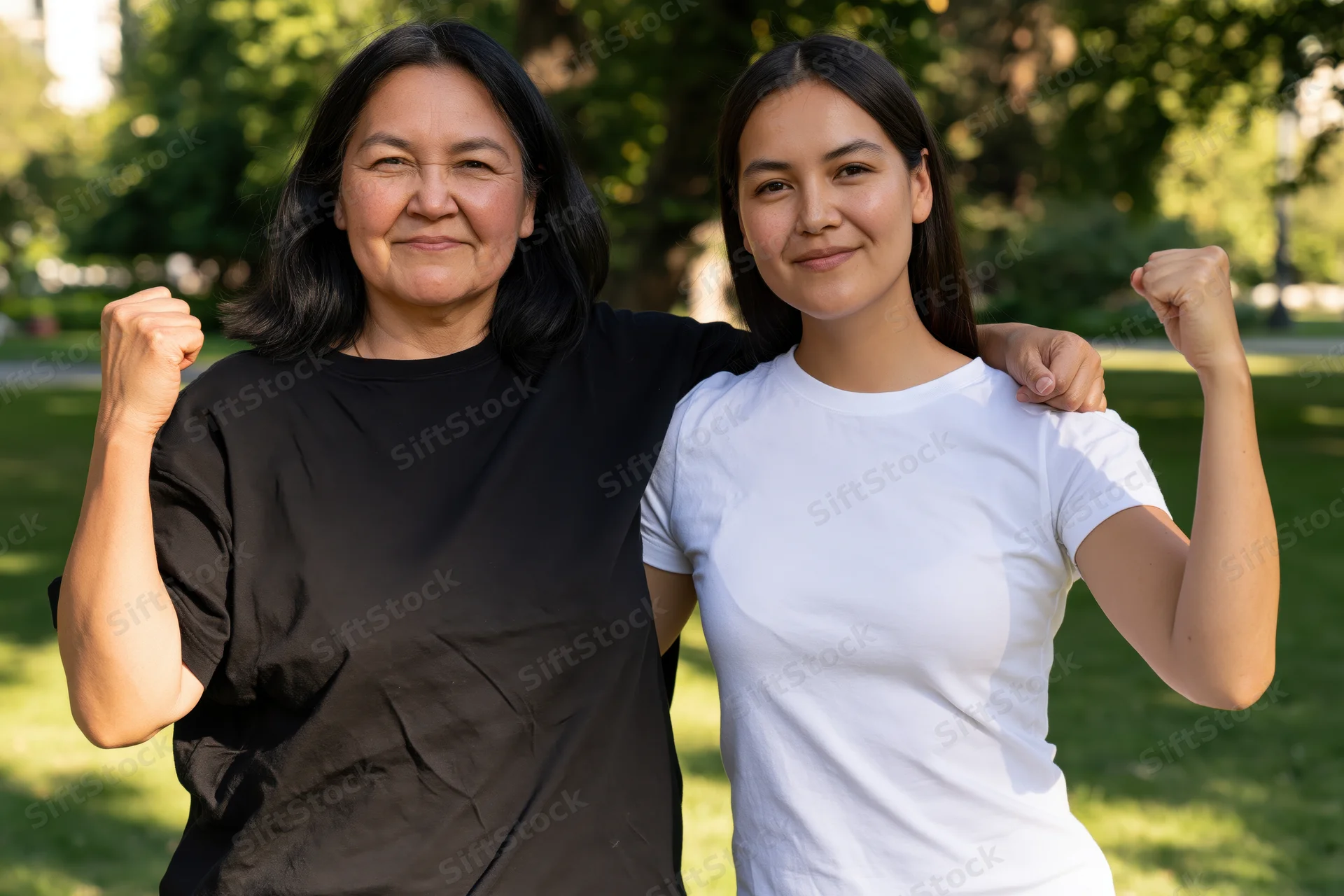 Mother and daughter posing together in a sunlit park, both smiling and flexing their arms, arms around each other