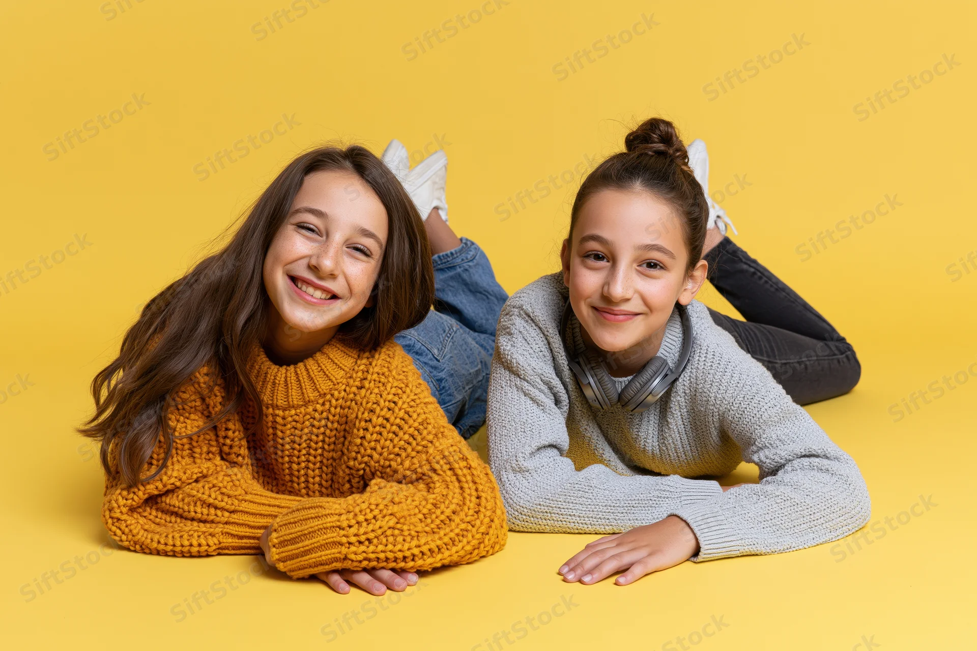 Two young girls lying on stomachs smiling at camera on yellow background