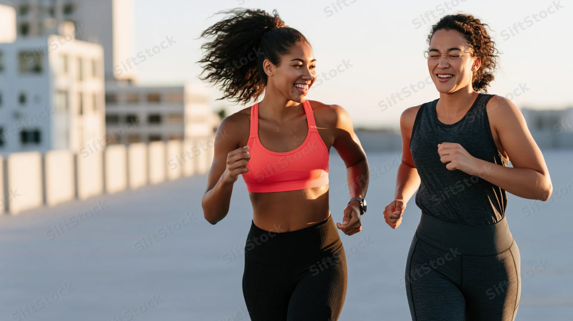 Two young women running side by side on a rooftop in an urban setting