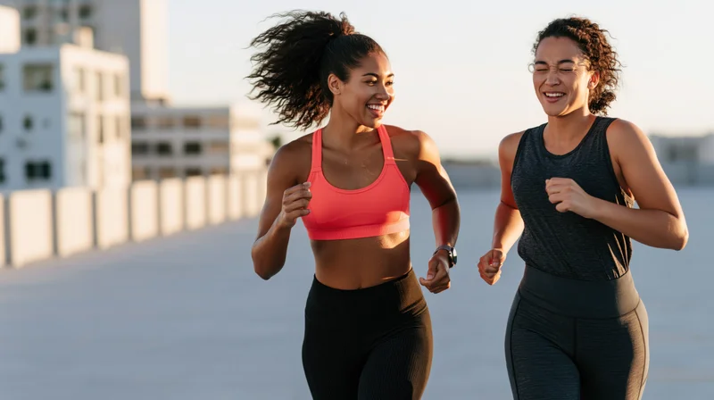 Two young women running side by side on a rooftop in an urban setting