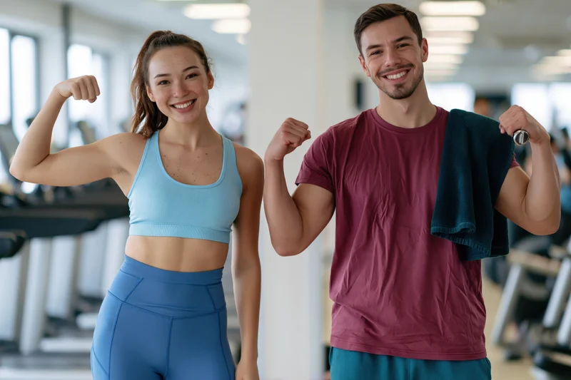 Smiling couple flexing biceps in a gym interior