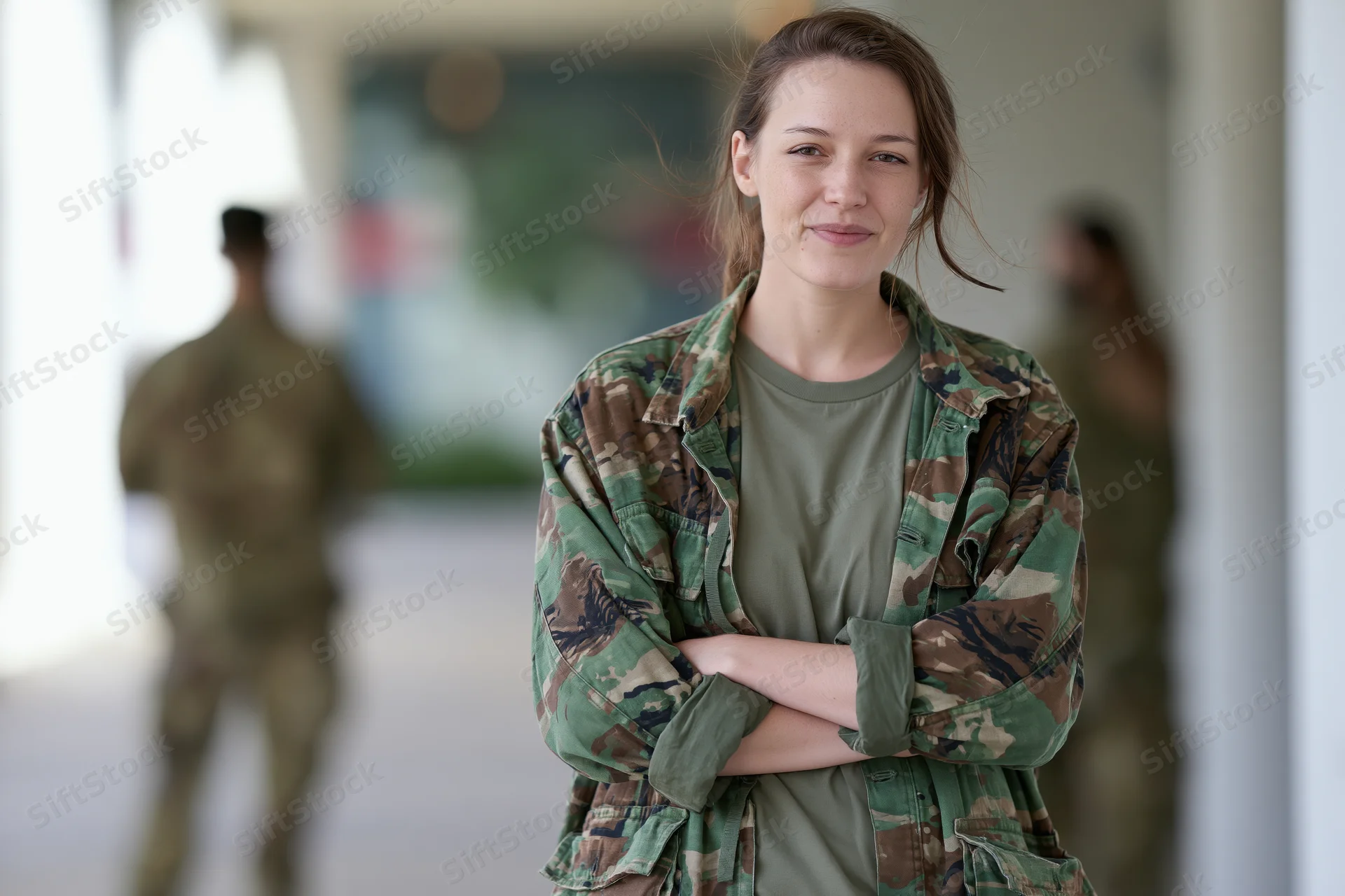 Woman in camouflage jacket with arms crossed standing in a corridor at a military facility