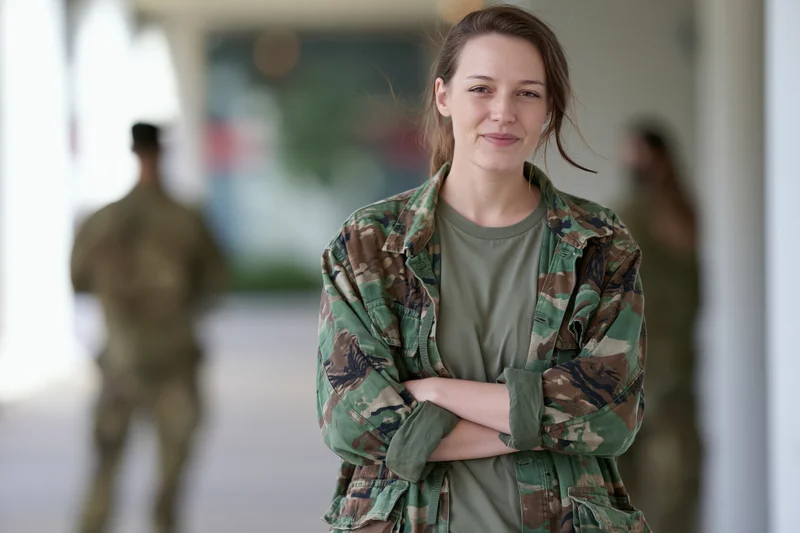 Woman in camouflage jacket with arms crossed standing in a corridor at a military facility