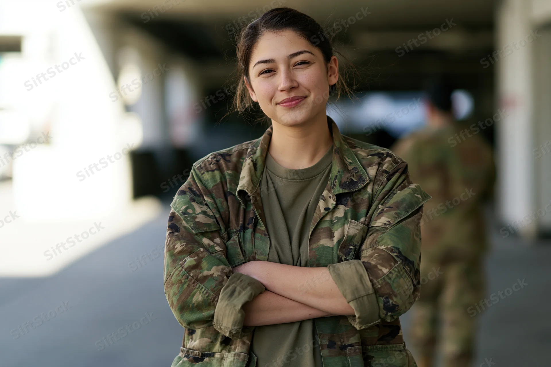 Woman in camouflage uniform standing with arms crossed smiling outdoors at military base