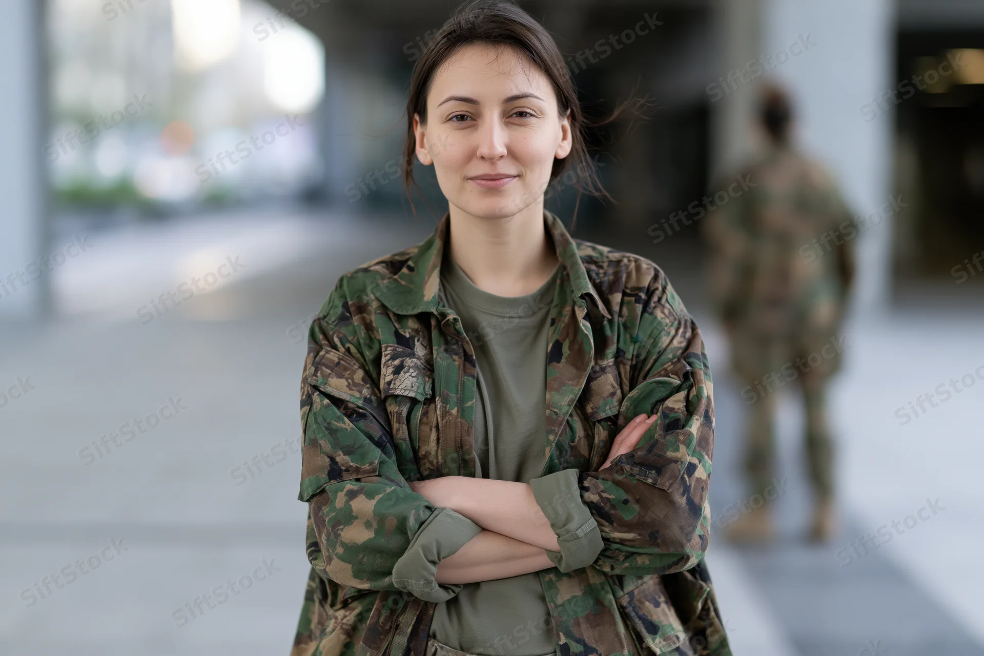 Young woman in military camouflage uniform standing with arms crossed outdoors in urban setting