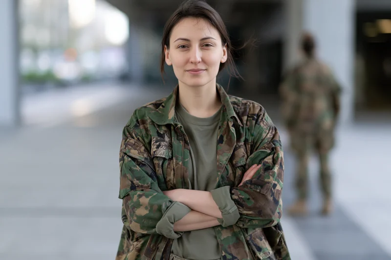 Young woman in military camouflage uniform standing with arms crossed outdoors in urban setting
