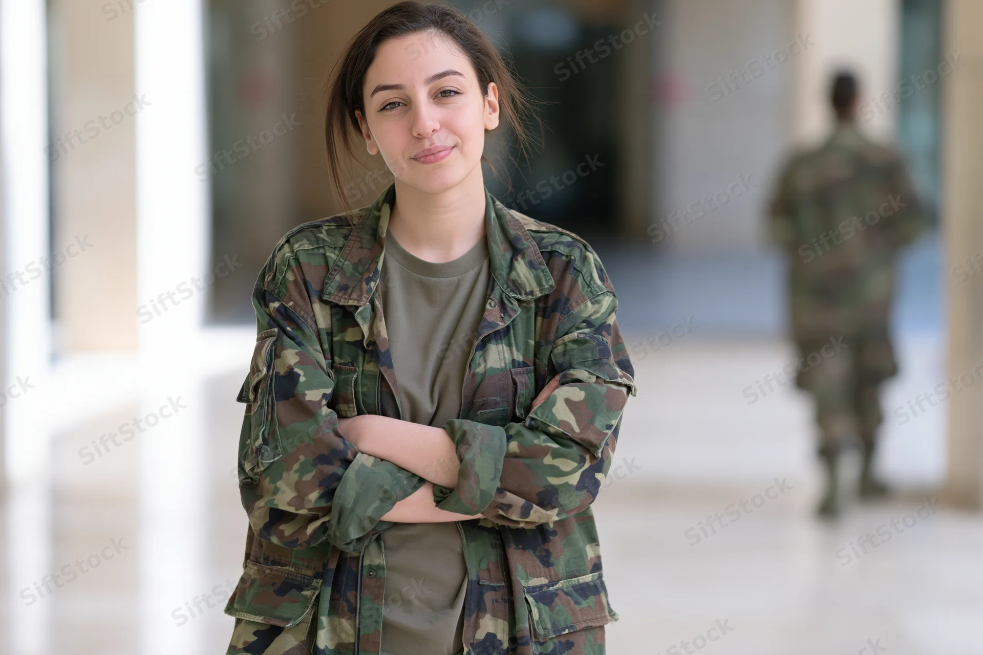 Young woman in camouflage jacket standing with arms crossed in a military hallway