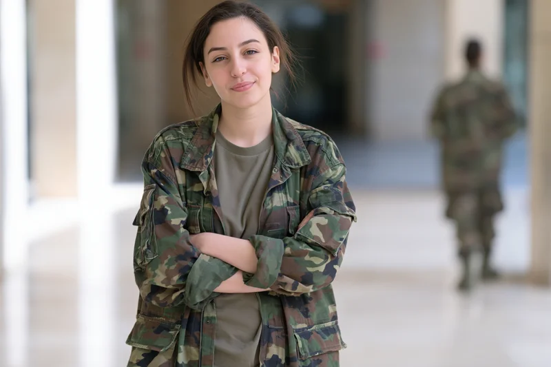Young woman in camouflage jacket standing with arms crossed in a military hallway