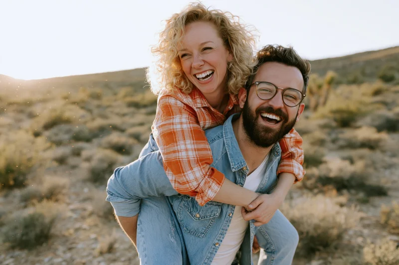 Man giving woman a piggyback ride in desert landscape at golden hour