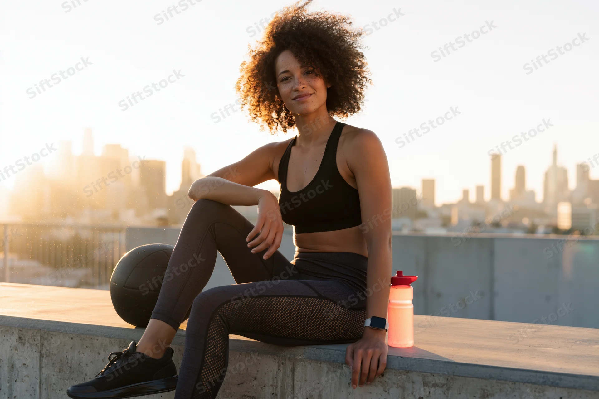 Fit woman sitting on concrete rooftop with city skyline at sunset, wearing sportswear and holding water bottle, basketball beside her