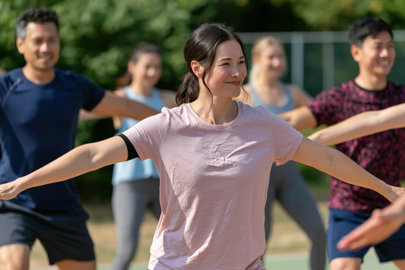 Woman smiling with arms outstretched during group exercise in a sunlit park