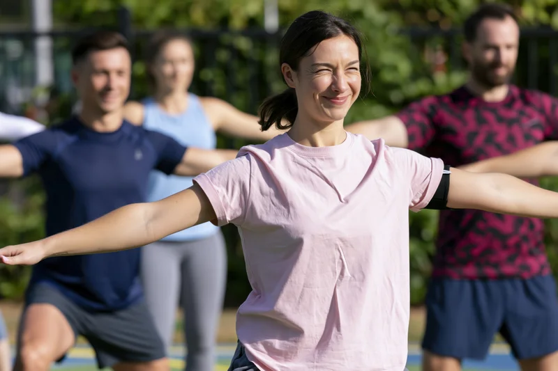 Woman smiling with arms outstretched during group outdoor fitness class in park