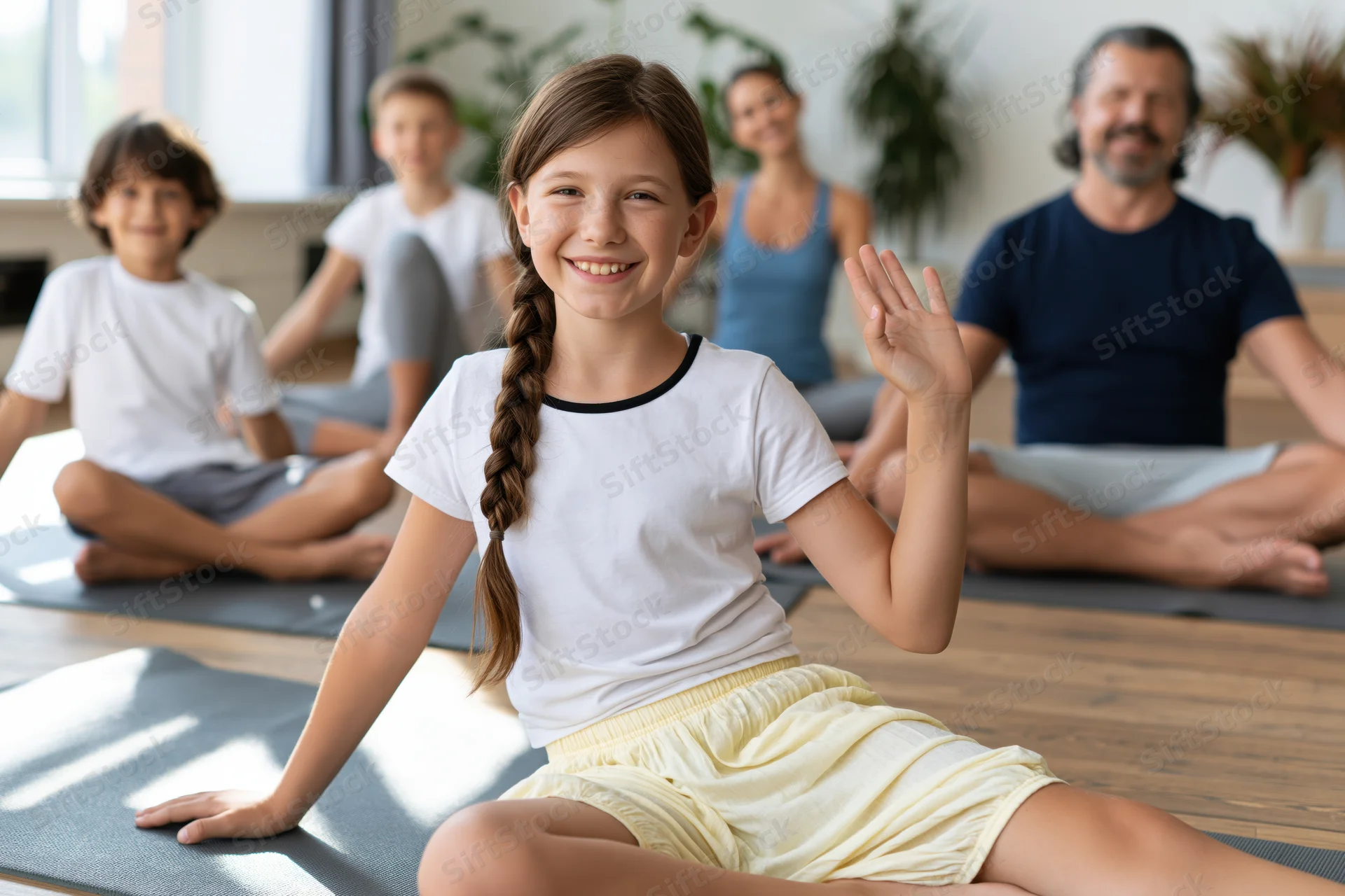 Young girl smiling and waving during a family yoga class in a bright studio