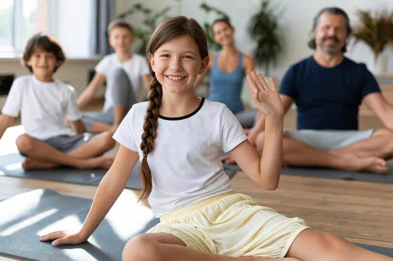 Young girl smiling and waving during a family yoga class in a bright studio
