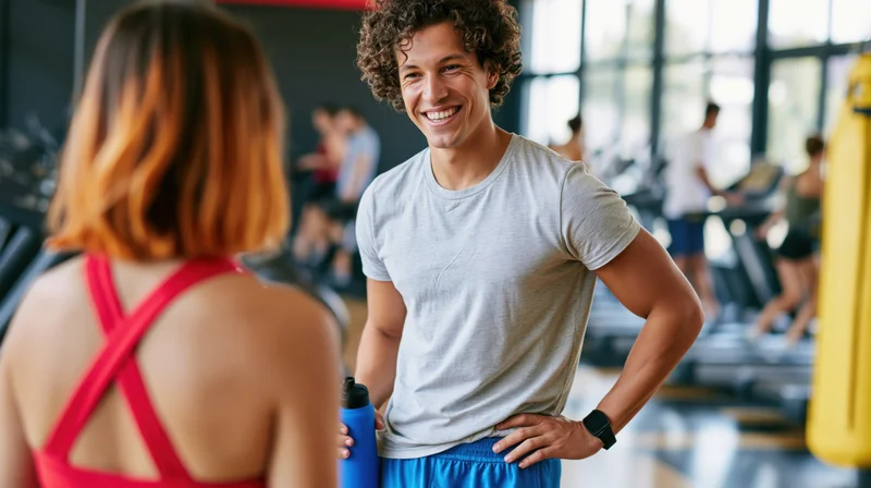 Smiling man in gym attire talking to a woman in a fitness center
