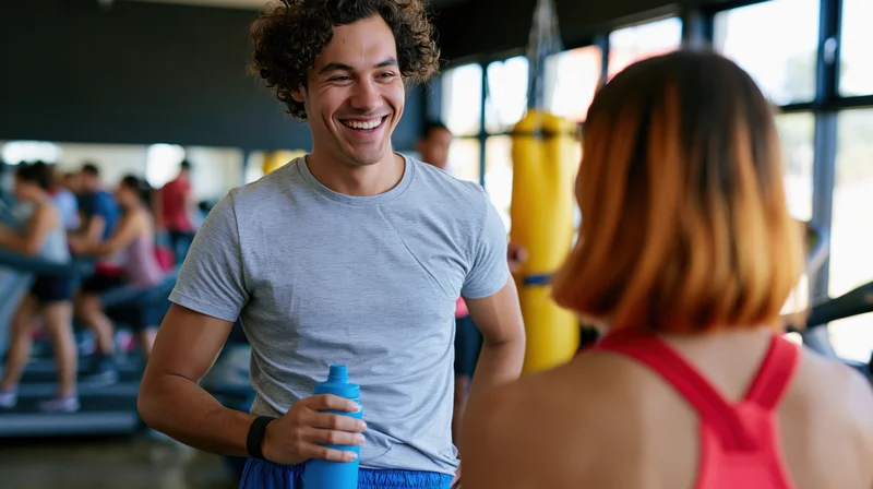 Smiling man in gray tshirt holding water bottle talking to woman in gym