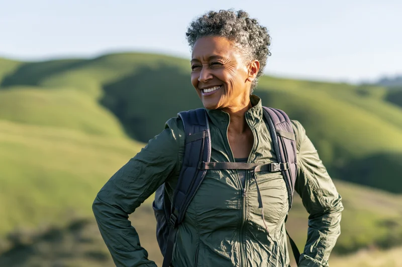Senior black woman smiling with backpack on a green hillside trail