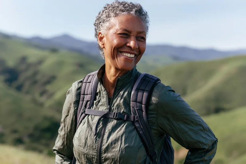 Smiling senior black woman hiking outdoors with backpack in green hills