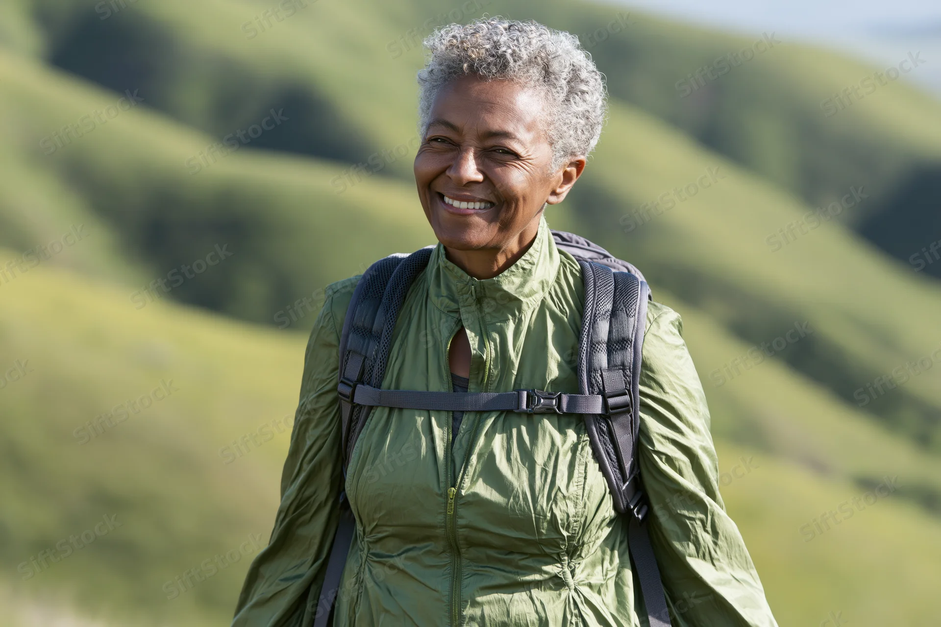 Senior black woman smiling while hiking in green hills with backpack