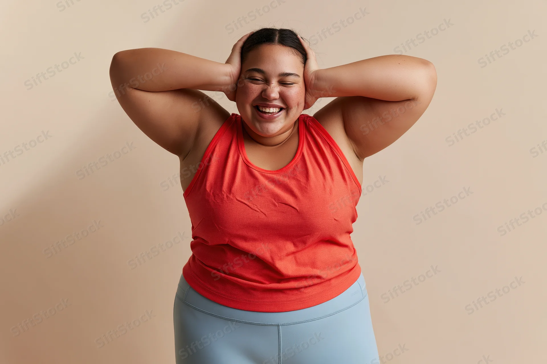 Plus-size woman laughing with hands on head wearing red tank top and blue leggings in studio