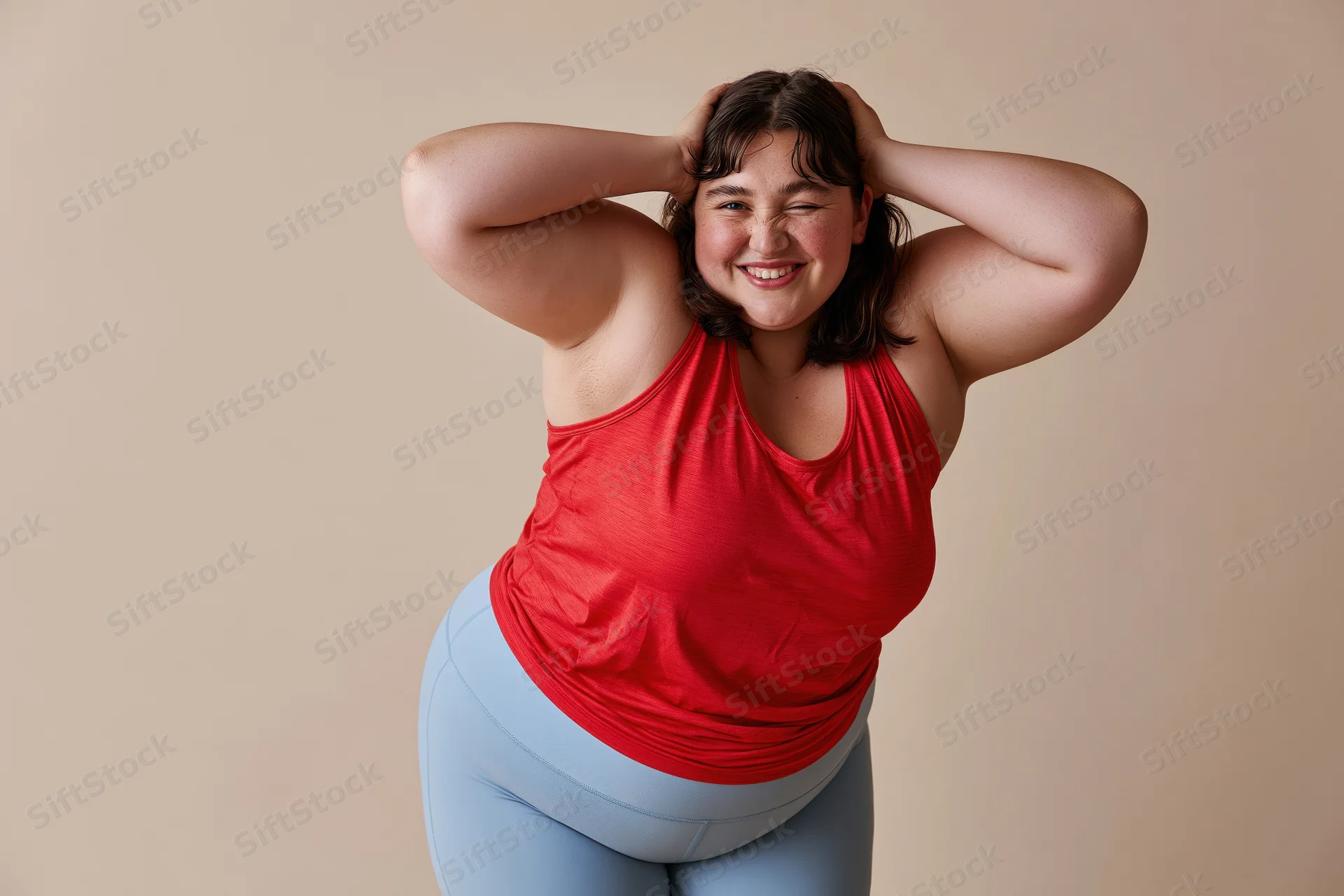 Plus-size woman smiling with arms behind head in red tank top and blue leggings against beige background