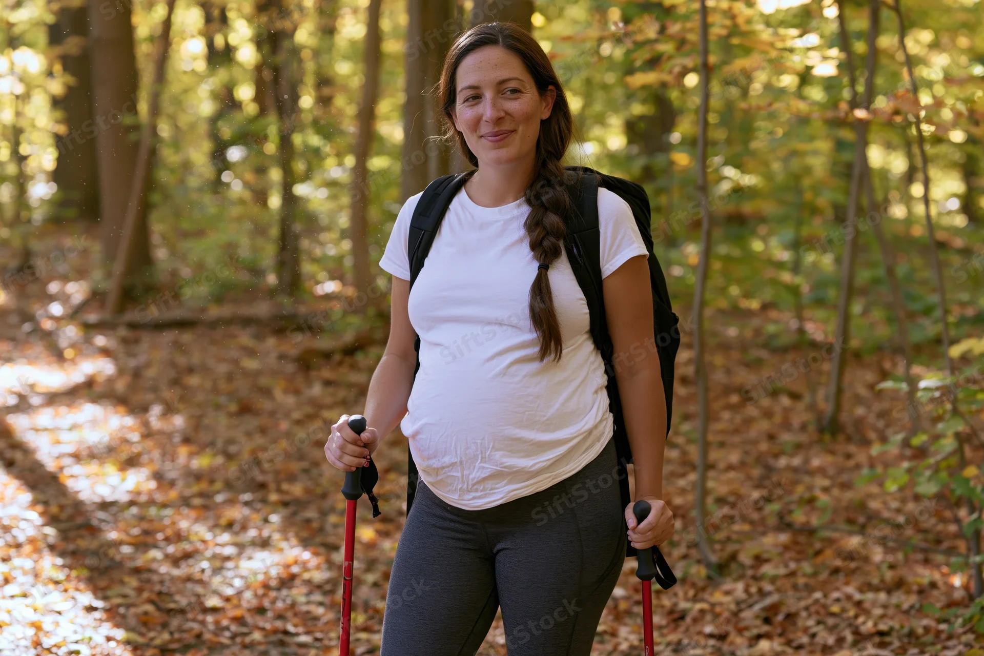 Pregnant woman hiking with trekking poles in a forest trail during autumn