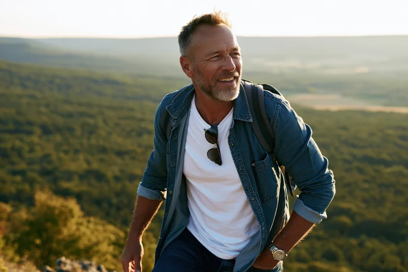 Smiling man hiking outdoors with backpack on forested mountain trail at sunset