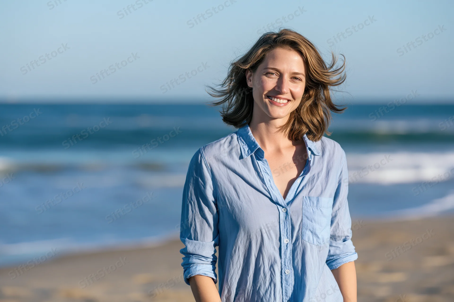 Smiling woman standing on a sandy beach with ocean waves behind her
