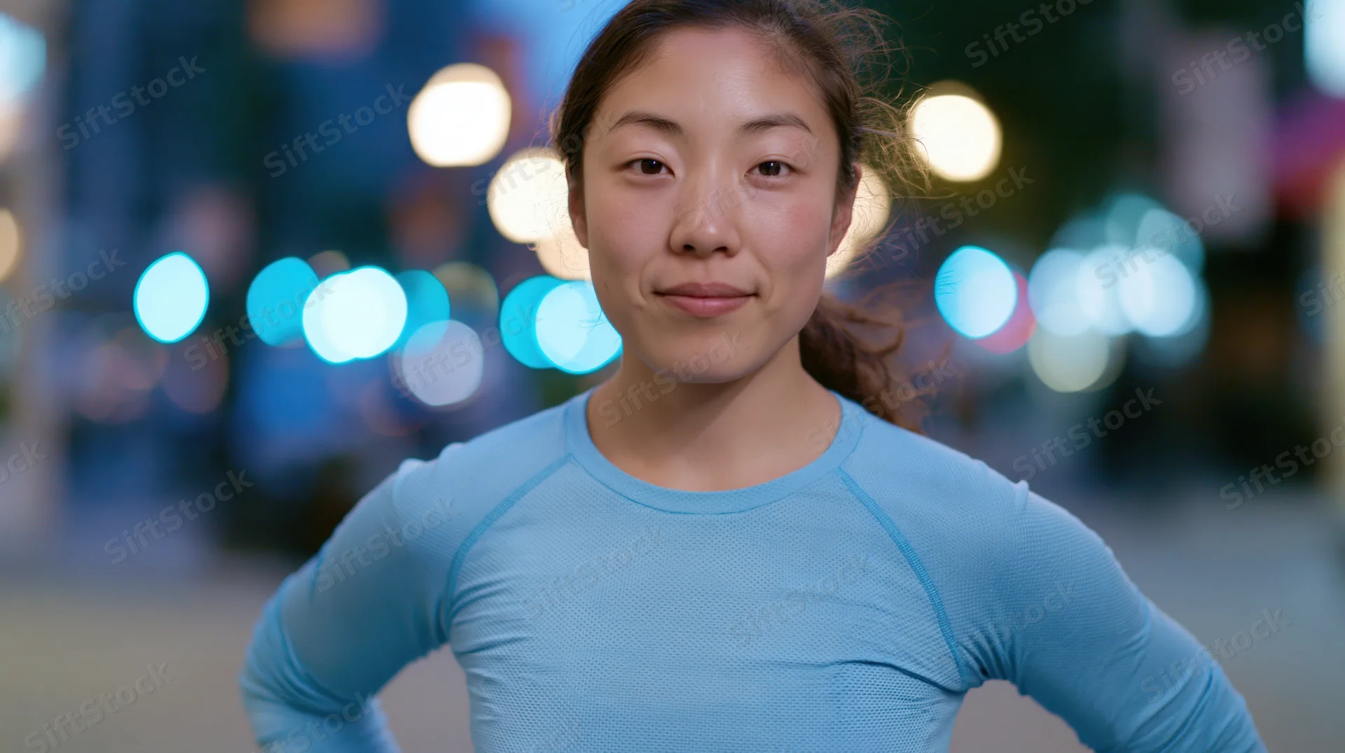 Young asian woman in blue athletic top standing on city street at night with hands on hips