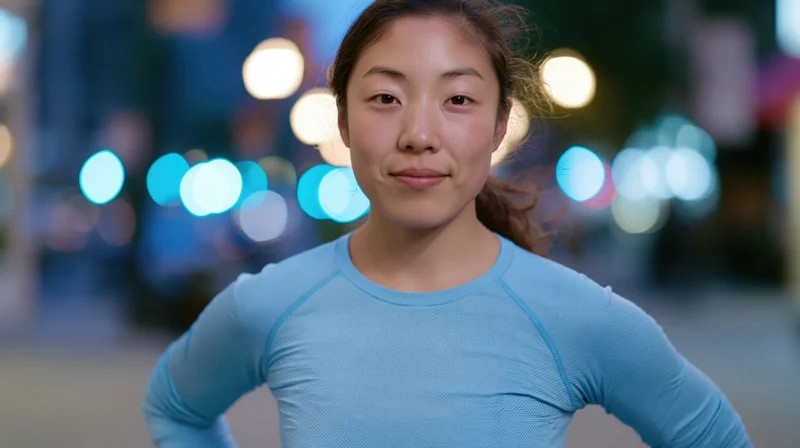 Young asian woman in blue athletic top standing on city street at night with hands on hips