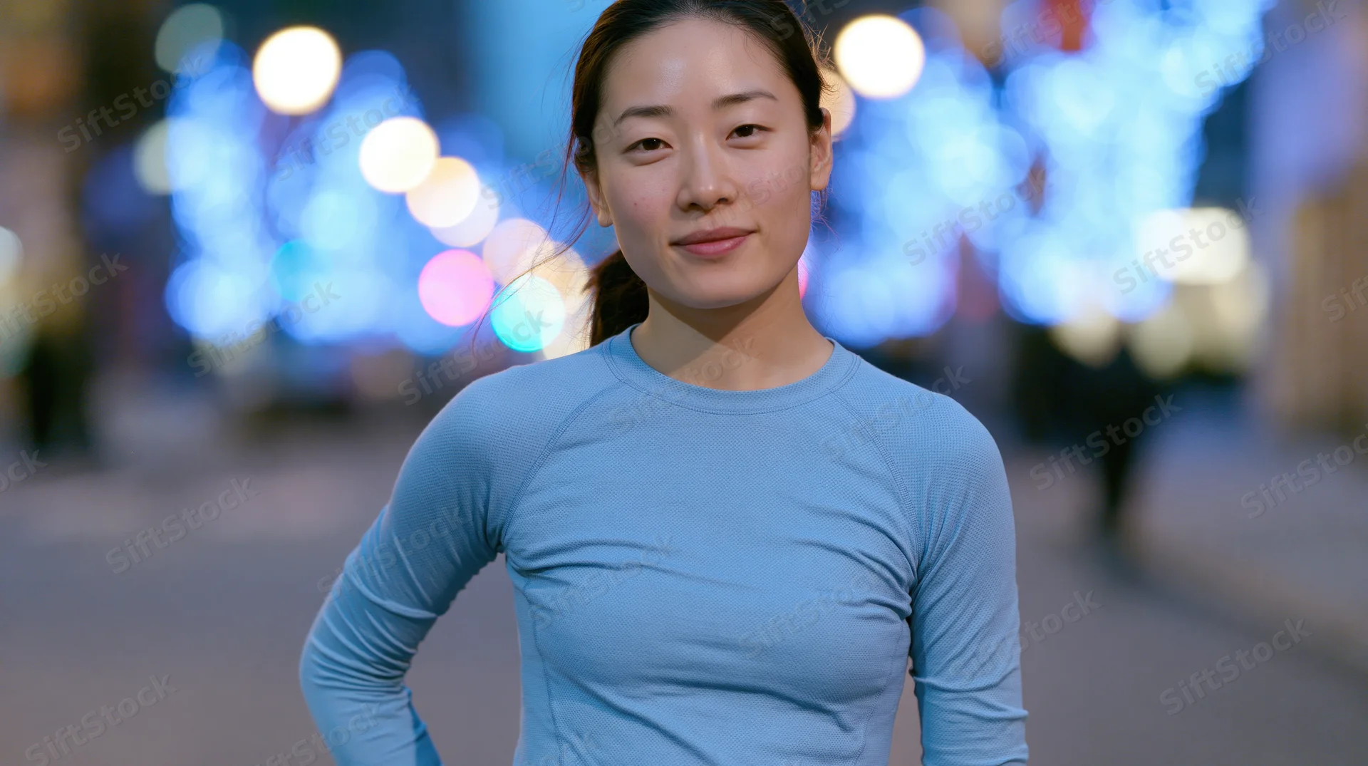 Young asian woman standing in city street at night with festive lights blurred in background