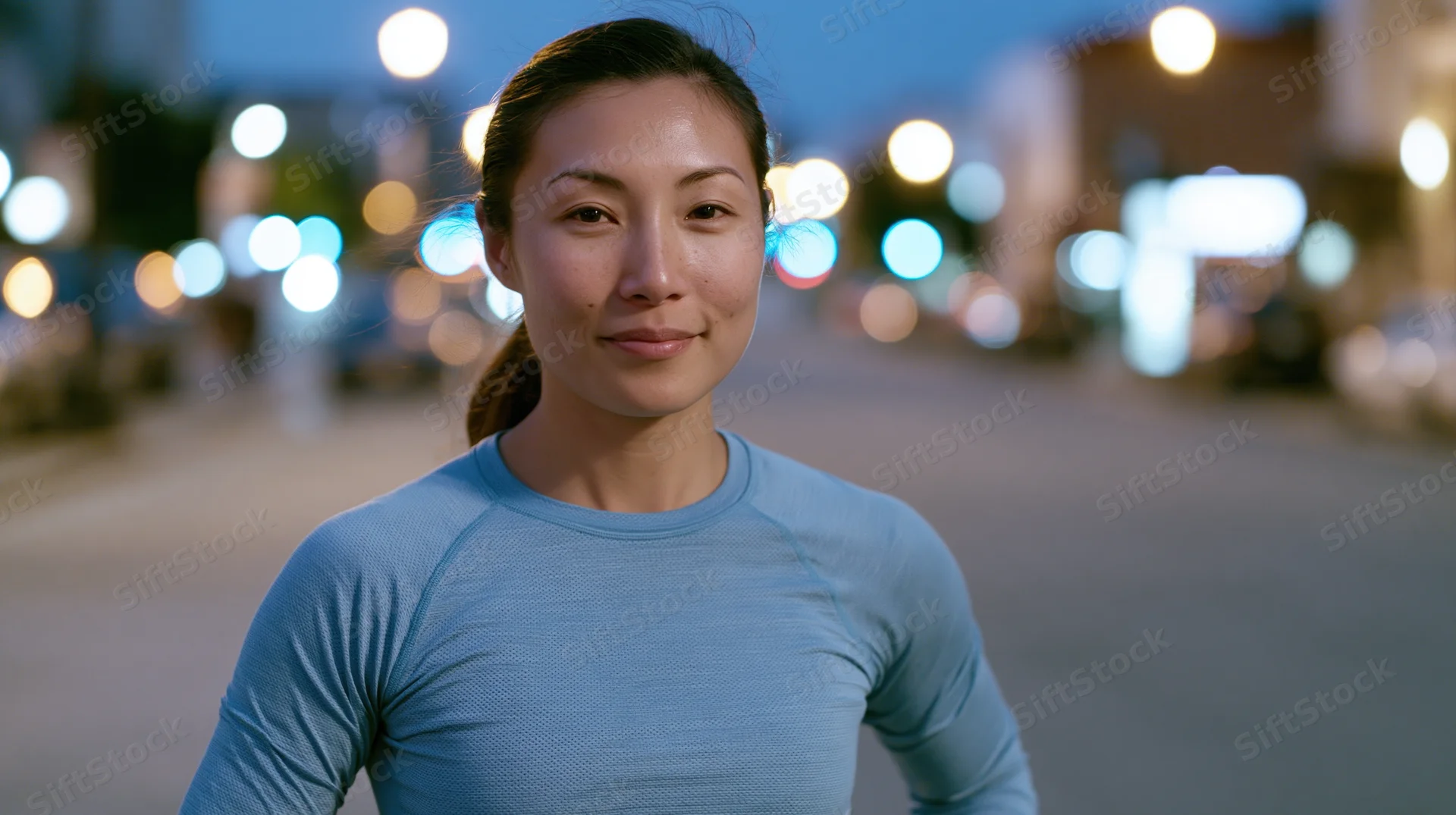 Young asian woman in blue athletic shirt standing on city street at twilight