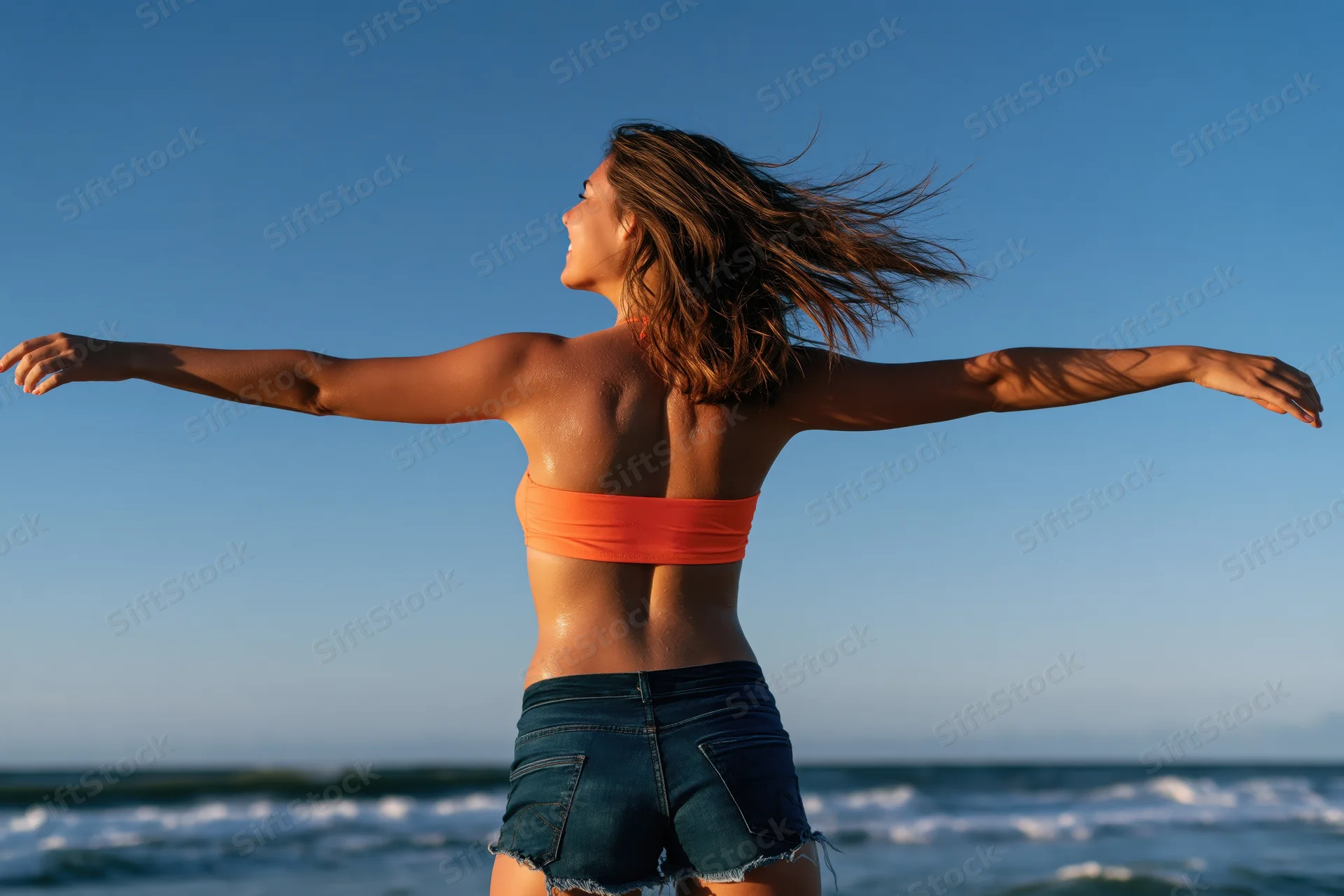 Young woman standing at beach with arms outstretched facing ocean
