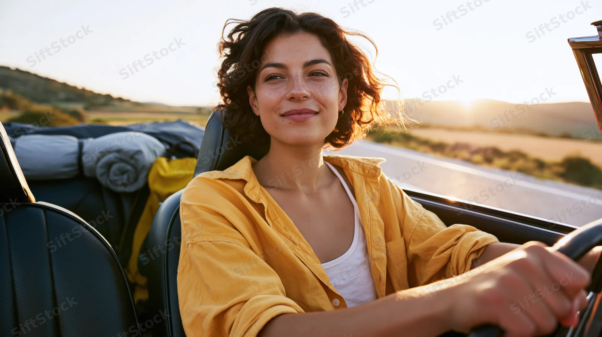 Young woman driving a vintage convertible on an open road at sunset