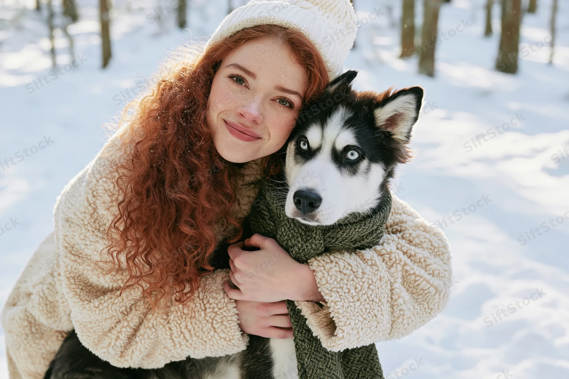 Young woman hugging a husky dog in snowy forest wearing winter clothing