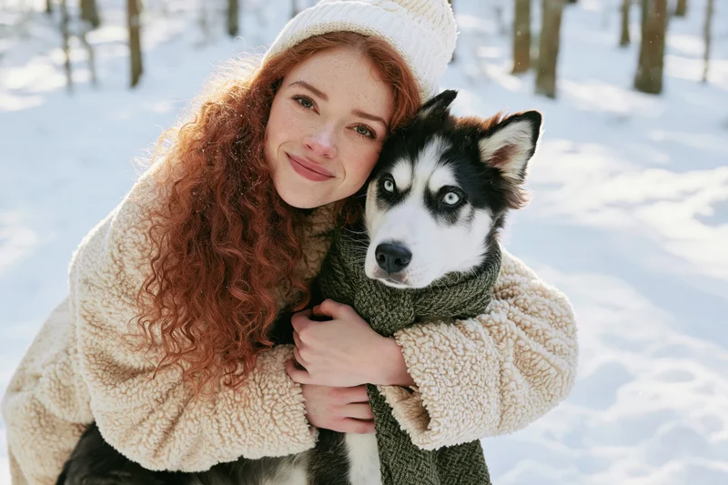 Young woman hugging a husky dog in snowy forest wearing winter clothing