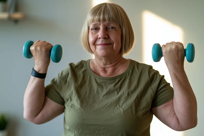 Senior woman lifting dumbbells at home while smiling